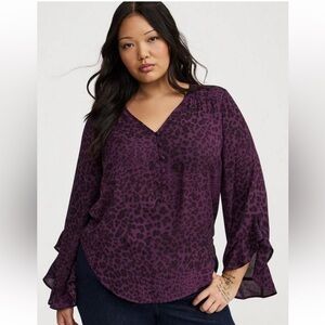 NWT Harper Ruffle Sleeve Top Deep Plum & Black Leopard Print